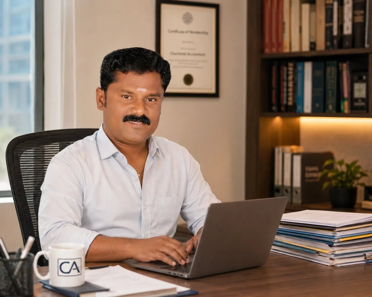 Professional Indian chartered accountant sitting confidently in a modern office workspace with laptop and financial documents – Sri Harish Consultancy